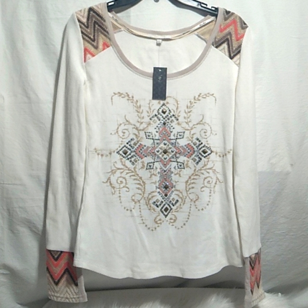 SALE! NWT Miss Me Cross Studded Thermal Long Sleeve Shirt Sz.L